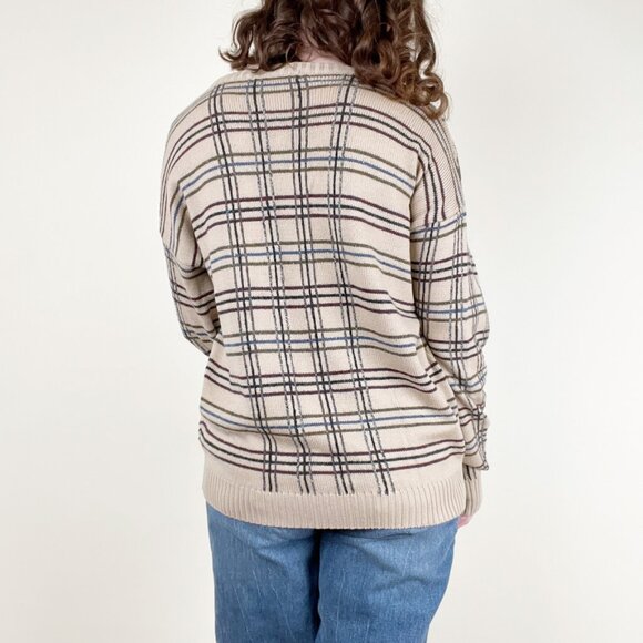 Vintage 100% Wool Plaid Knit Sweater Oversized Slouchy Loose Relaxed Fit Grandpa - Picture 2 of 7